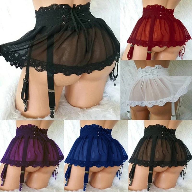 

Women Adults Sexy Cosplay Lingerie Nightgown Elastic Lace Waist Sheer Mesh Ruffled Crossdress Short Skirt Panties