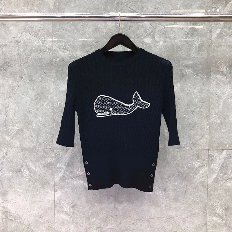 TB THOM Knitted Short-sleeved T-Shirts Whale Embroidery Slim Fit Women's Clothings Quality Spring Ice Silk Bottoming Shirts
TB THOM Knitted Short-sleeved T-Shirts Whale Embroidery Slim Fit Women's Clothings Quality Spring Ice Silk Bottoming Shirts