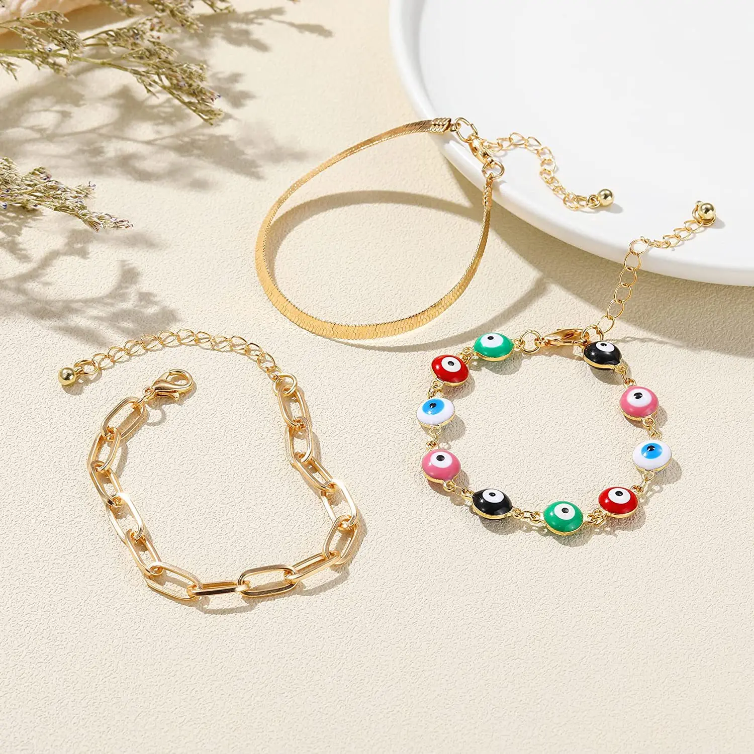 3pc/set Classic Evil Eye Charms Bracelet for Woman Blue Colourful Round Pendants Snake Chain Lucky Jewelry Charm Friendship Gift
3pc/set Classic Evil Eye Charms Bracelet for Woman Blue Colourful Round Pendants Snake Chain Lucky Jewelry Charm Friendship Gift