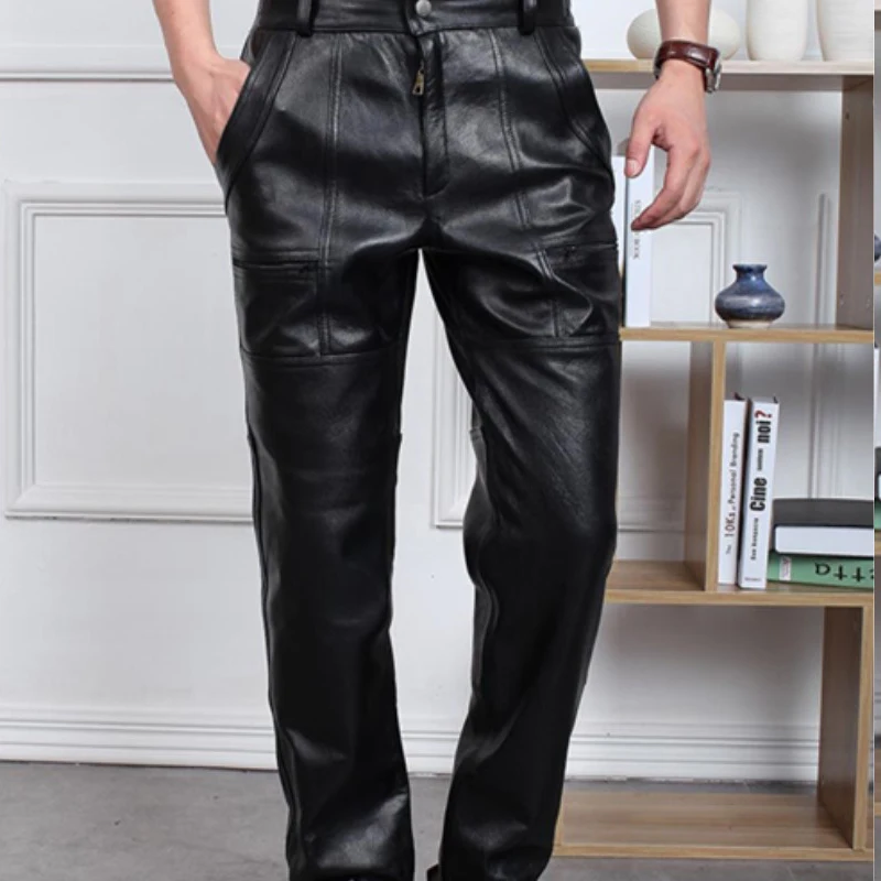 

Leather Pants Men's Autumn And Winter Large Size Thickening Motorcycle Cowskin Pants Loose Windproof Genuine Leather Trousers