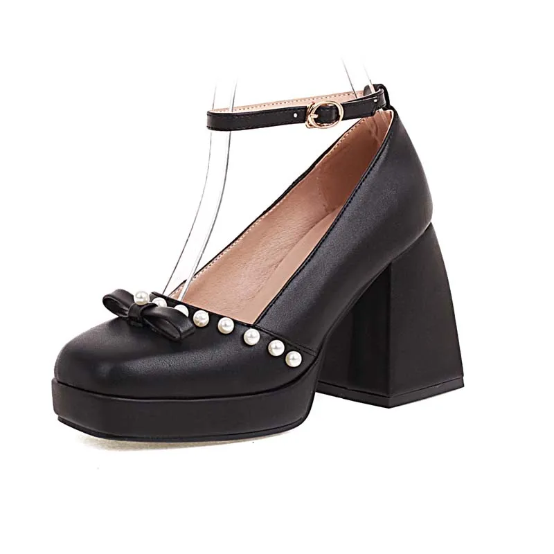 Artificial Leather Ankle Strap Pumps Women Punk Thick Heeled Shoes Fashion Ladies Black White Square Toe Beading Platform Heels 
Artificial Leather Ankle Strap Pumps Women Punk Thick Heeled Shoes Fashion Ladies Black White Square Toe Beading Platform Heels