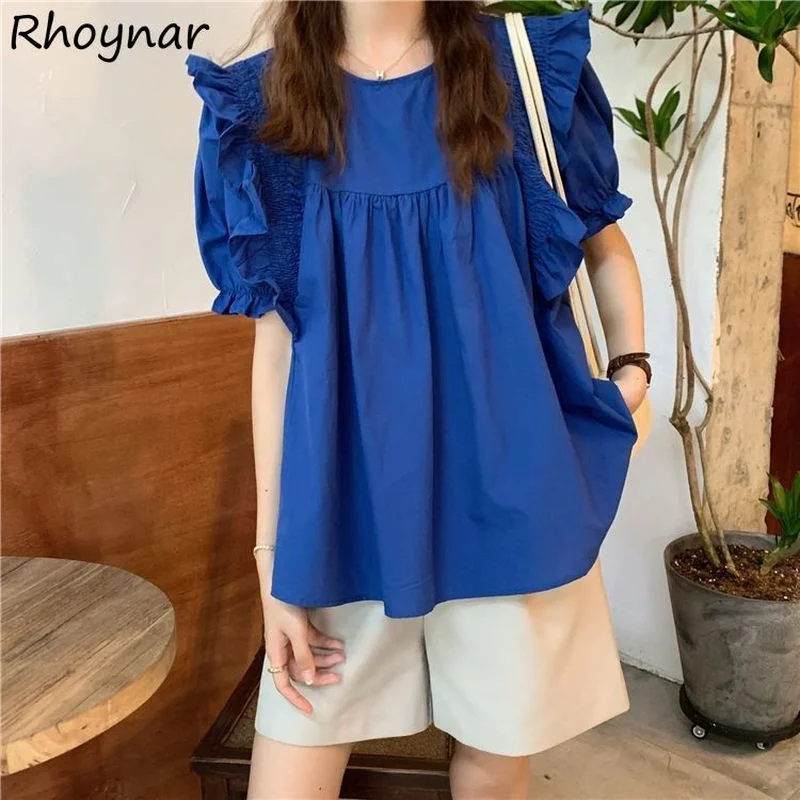 

Blouses Women Solid Folds Puff Sleeve Slim Kawaii Sweet Gentle Simple Basic Korean Style Блузки Mujer College Summer Ins Chic