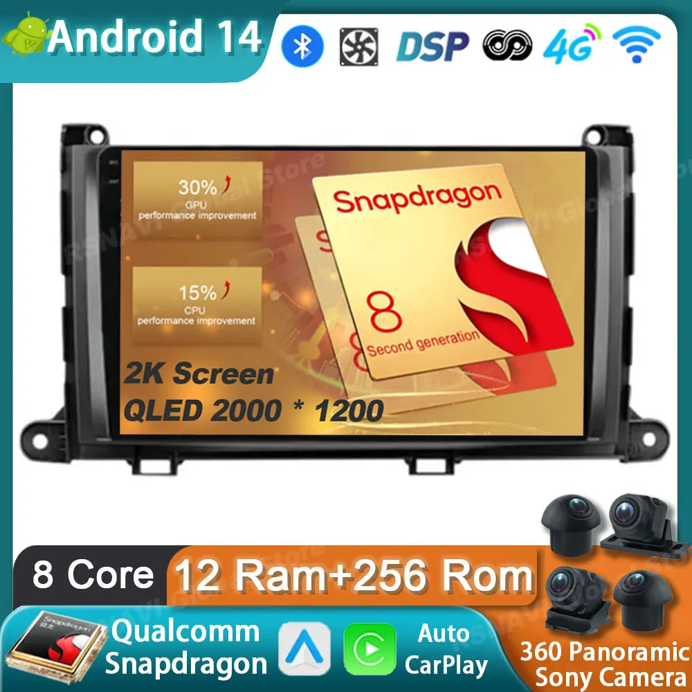 Автомобильный радиоприемник Android 14 для Toyota Sienna 2009 2010 2011 2012 2013 2014 GPS Carplay