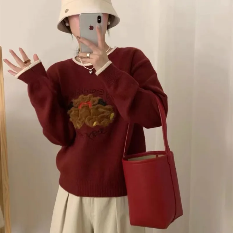 

YUQI Korean Fashion Cropped Sweater Women Vintage Cartoon Bear Letter Embroidery Pullover Casual Chic Knitwear Y2K Tops Grunge
