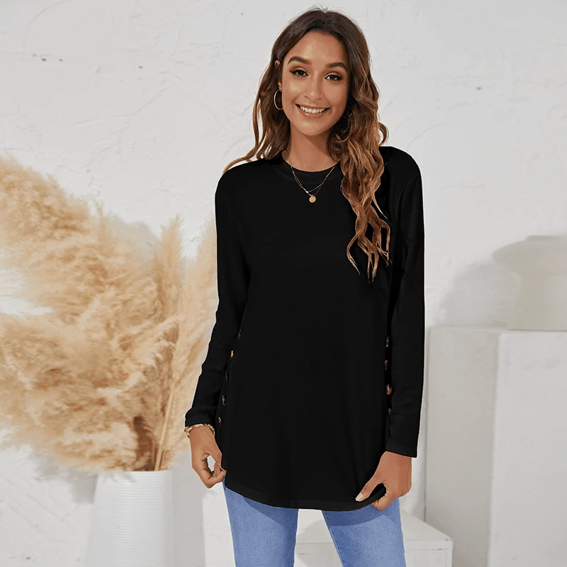 2022 New Style Women's Fashion T-Shirts Casual Round Neck Long Sleeves Solid Color Buttons Decorated Tops T-Shirts Pullovers for
2022 New Style Women's Fashion T-Shirts Casual Round Neck Long Sleeves Solid Color Buttons Decorated Tops T-Shirts Pullovers for
