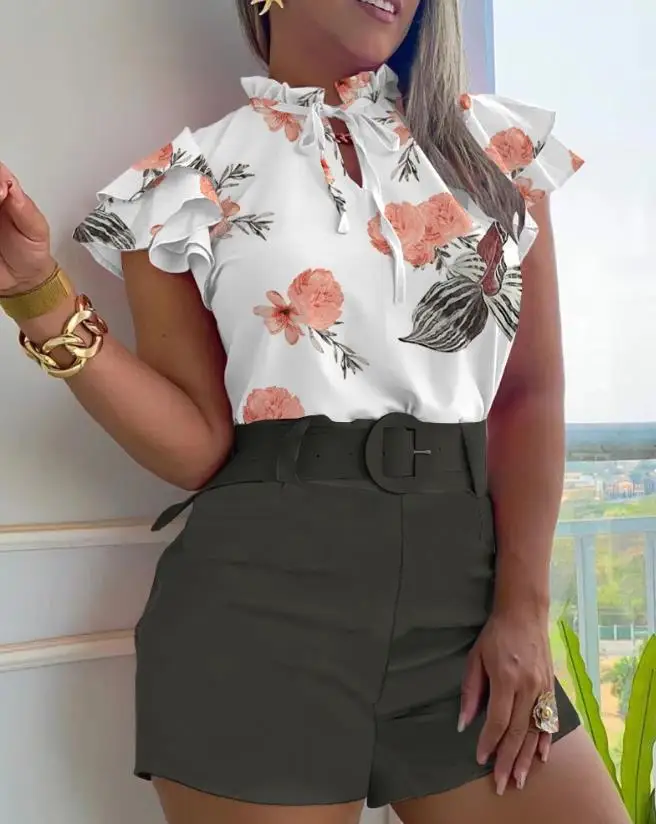 

Two Piece Sets Womens Outifits 2023 Summer Fashion Tropical Print Ruffles Tied Detail Flutter Sleeve Top & Casual Shorts Set