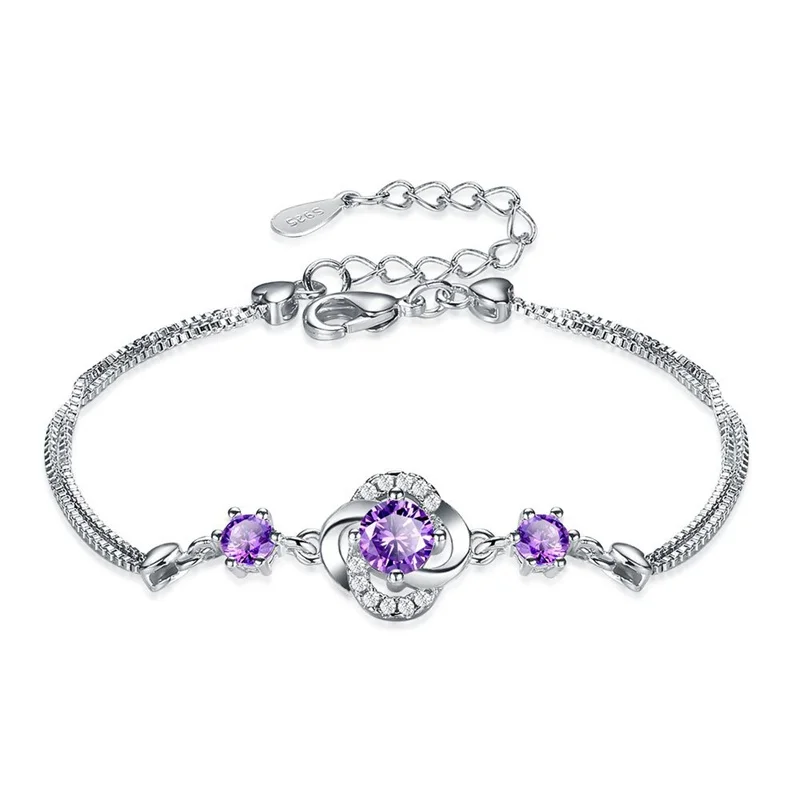 

Top Grade 925 Sterling Silver Bracelet For Lady Birthday Gift Sparkling Crystal Purple Flower Clover Bracelet Women Jewelry