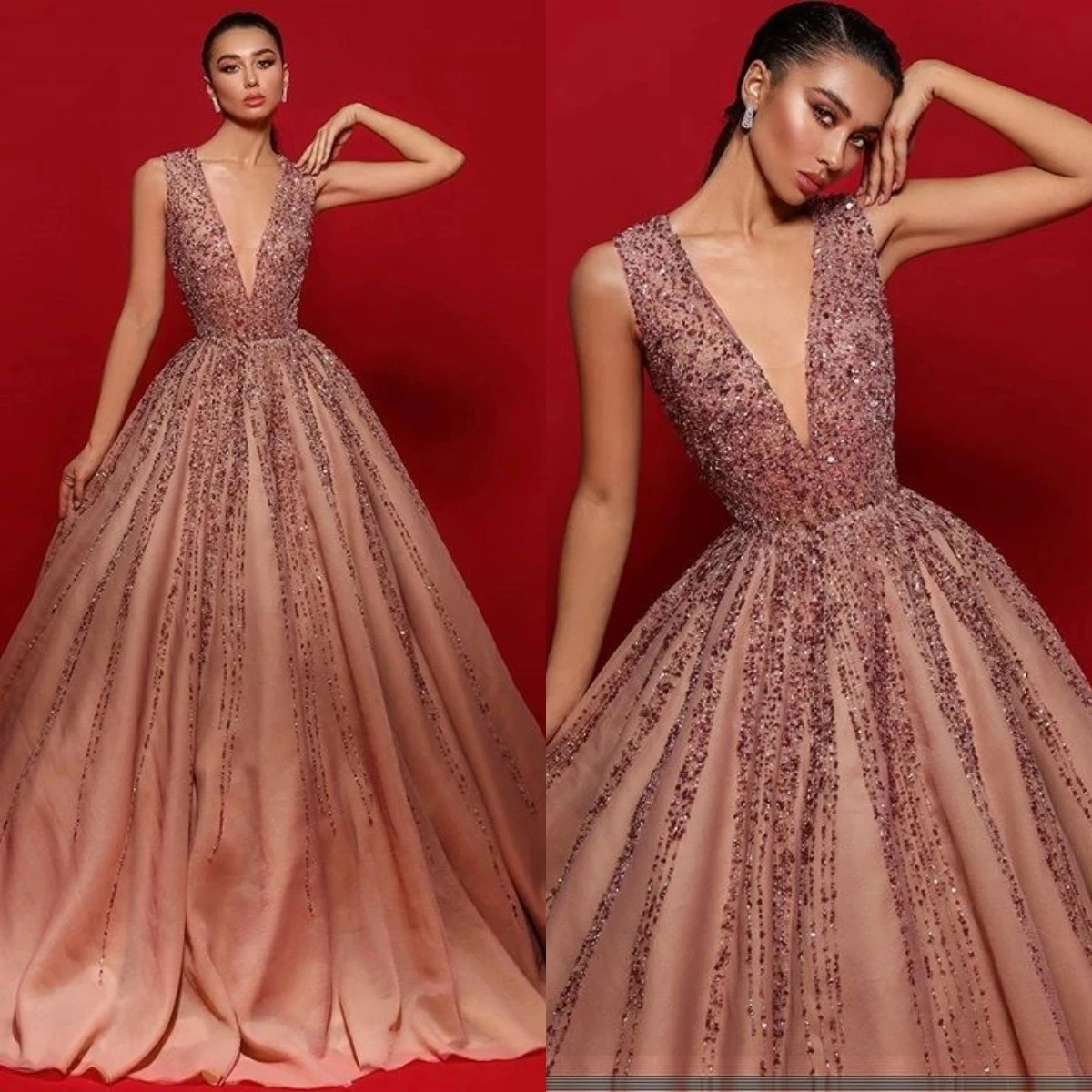

Женское вечернее платье без рукавов, розовое золото, ТРАПЕЦИЕВИДНОЕ ПЛАТЬЕ с бисером и глубоким V-образным вырезом, с кристаллами, индивидуальный пошив