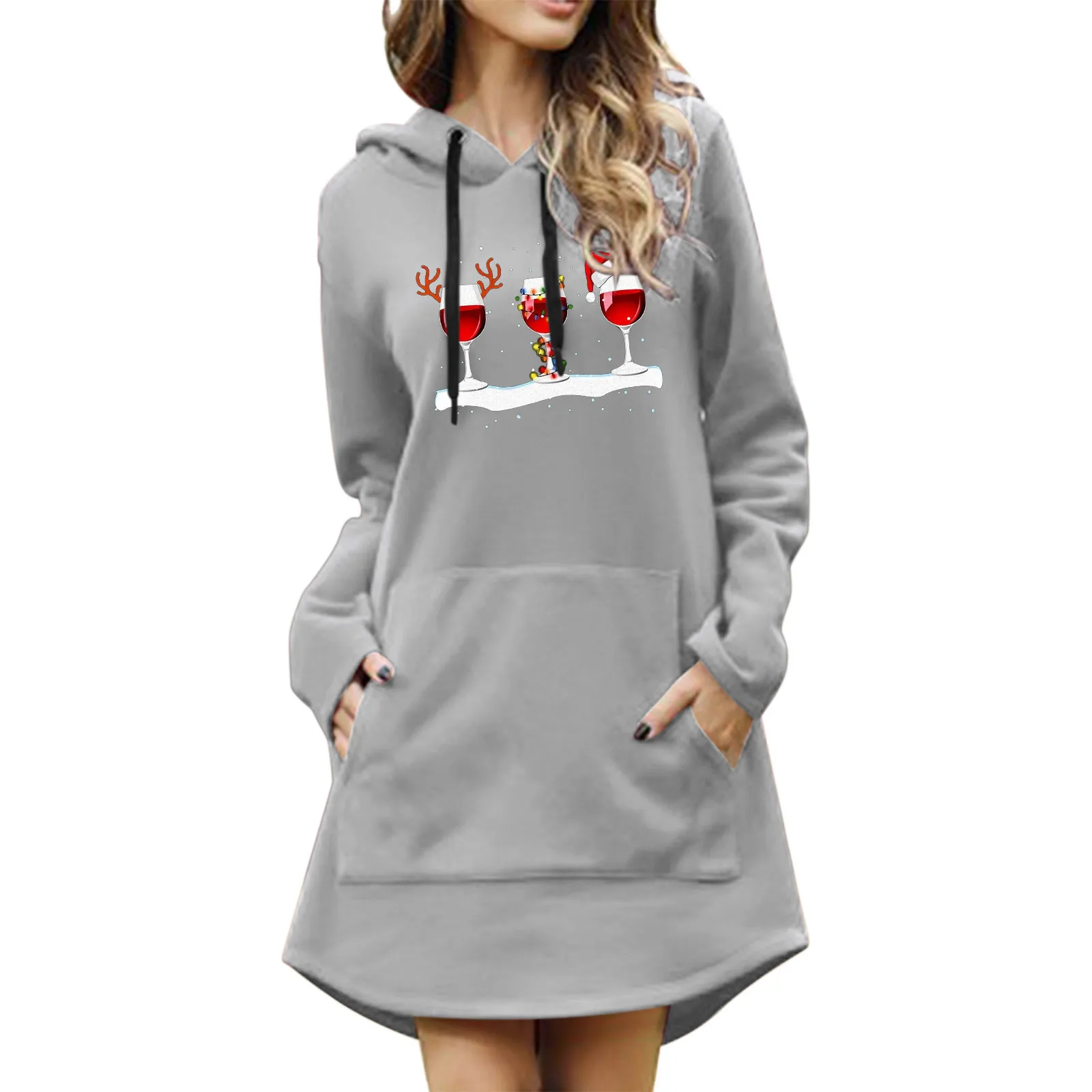 Women Christmas Wine Glass Printing Drawstring Hooded Christmas Pocket Long Sleeve Dress Sweatshirts Sweaters Women Sleep 
Women Christmas Wine Glass Printing Drawstring Hooded Christmas Pocket Long Sleeve Dress Sweatshirts Sweaters Women Sleep