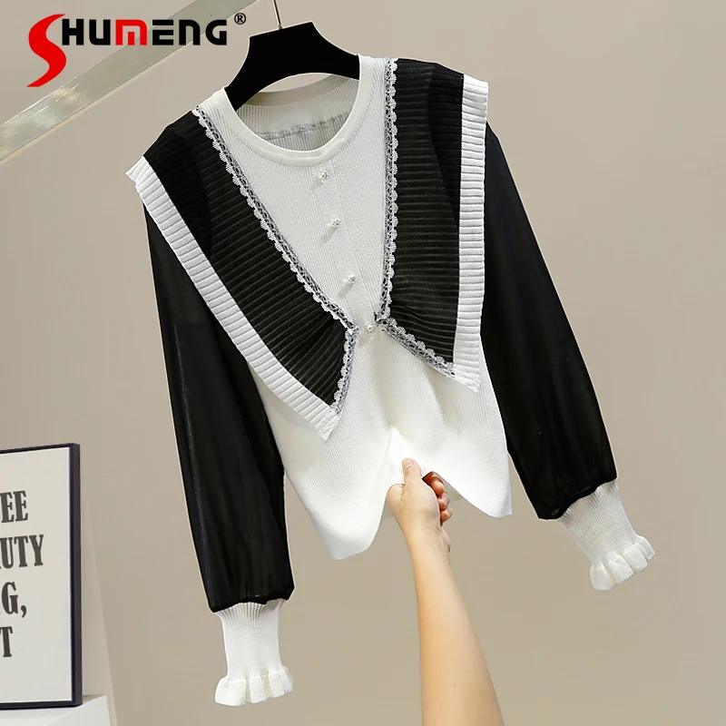 Fashion Color Contrast Chiffon Patchwork Knitted Bottoming Shirt Long Sleeve Lace Slimming Women's All-Matching Sweater
Fashion Color Contrast Chiffon Patchwork Knitted Bottoming Shirt Long Sleeve Lace Slimming Women's All-Matching Sweater