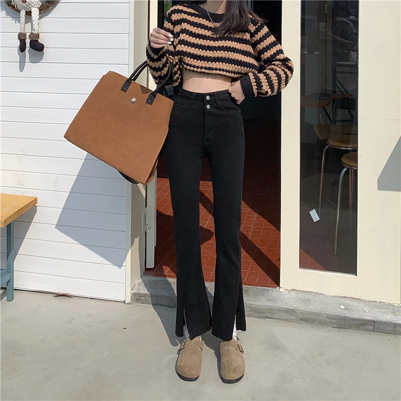 DD1456 New slit jeans women's slim fit stretchy nine-point flared jeans 
DD1456 New slit jeans women's slim fit stretchy nine-point flared jeans