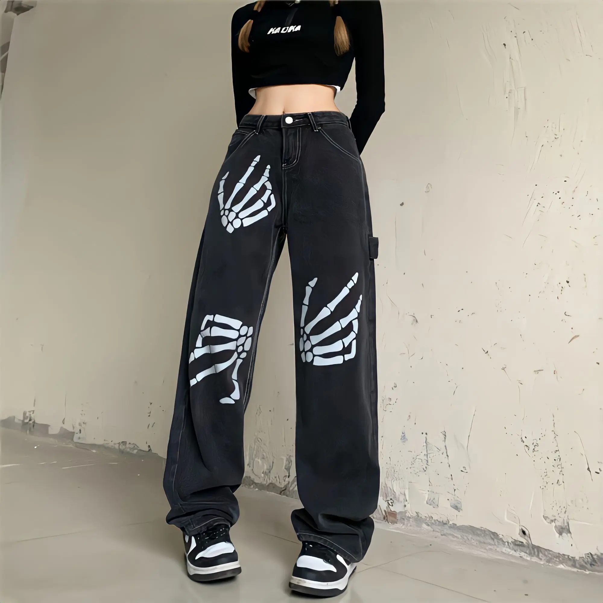 Skeleton Pants Vintage High Waisted Y2kjeans Women Cargo Female Black Denim Printed Trousers Baggy Casual Wide Leg Pants Street
Skeleton Pants Vintage High Waisted Y2kjeans Women Cargo Female Black Denim Printed Trousers Baggy Casual Wide Leg Pants Street