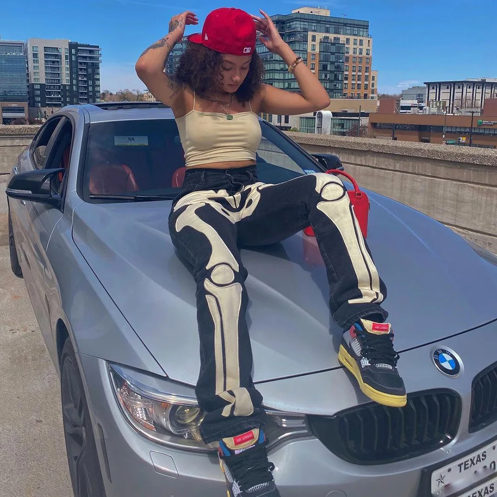 Skeleton Patterned Low Rise Jeans Streetwear Women Black Baggy Denim Trousers Y2k Goth Pants 2022 Boyfriend Straight Leg Jeans
Skeleton Patterned Low Rise Jeans Streetwear Women Black Baggy Denim Trousers Y2k Goth Pants 2022 Boyfriend Straight Leg Jeans