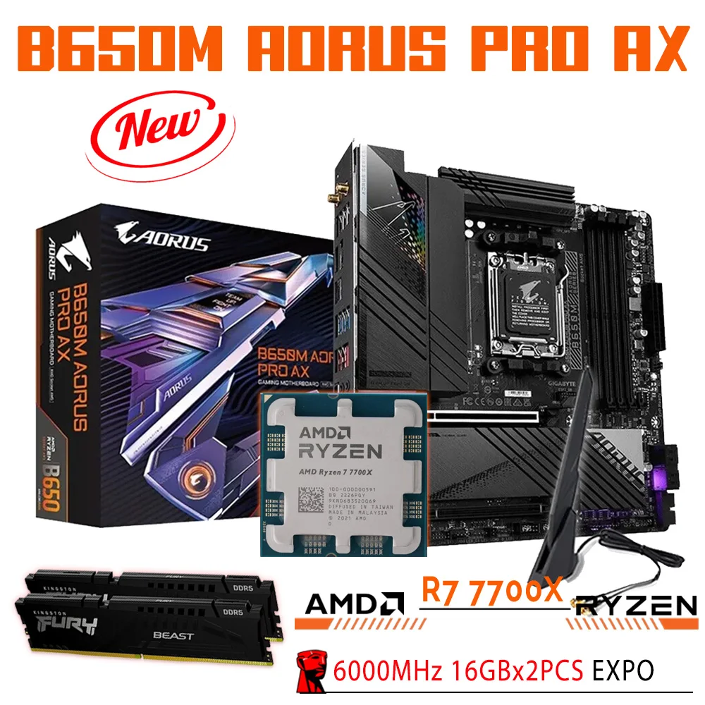 

Gigabyte B650 Motherboard Combo B650M AORUS PRO AX AM5 Mainboard With AMD RYZEN 7 7700X CPU Kinston DDR5 6000MHz 32GB EXPO RAM