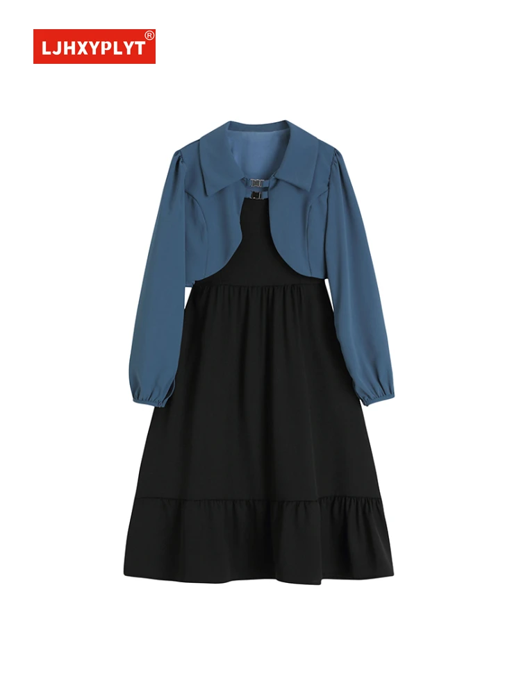 Blue Blouse Black Dress Two-piece Women's Spring Summer New Hepburn Retro Design Long-sleeved Top Suspenders A-line Skirt Suit
Blue Blouse Black Dress Two-piece Women's Spring Summer New Hepburn Retro Design Long-sleeved Top Suspenders A-line Skirt Suit
