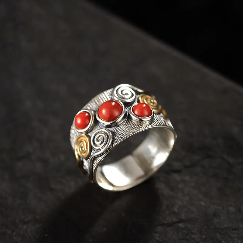 

Sterling Silver Ring for Women Vintage Thai Silver Ring Exaggerated Southern Red Agate Gemstone Ethnic Style Classical Silver