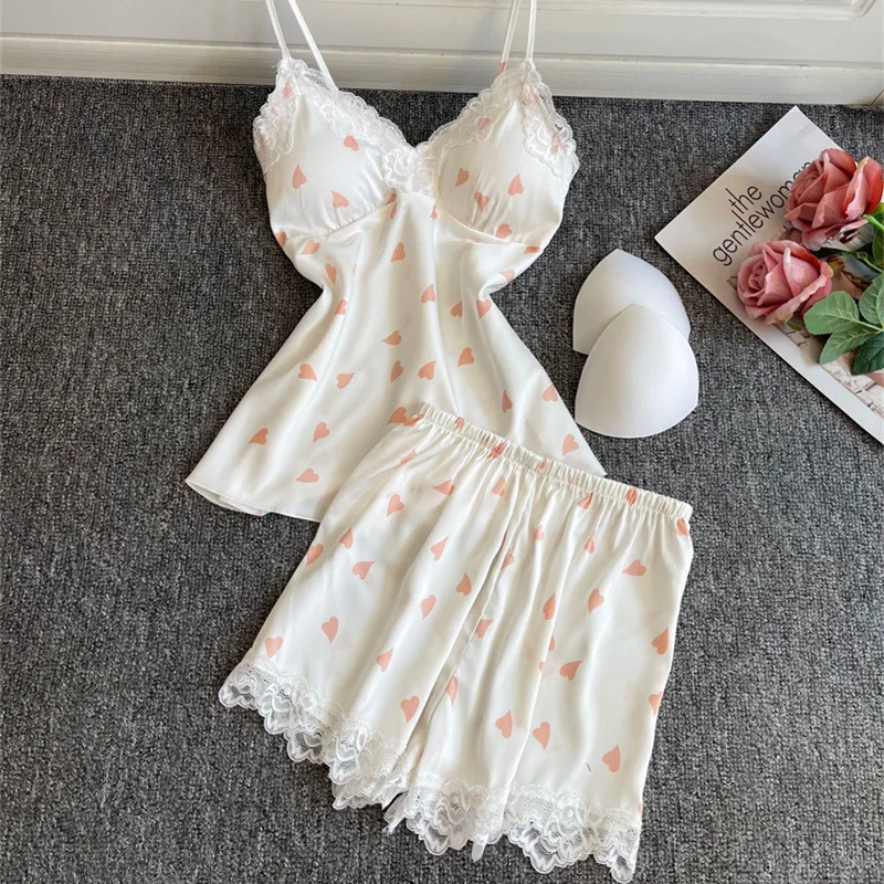 Cami&shorts Women Print Heart 2pcs Pajamas Suit Sexy Homewear Sleep Set Intimate Lingerie Soft Satin Lace Patchwork Pyjamas
Cami&shorts Women Print Heart 2pcs Pajamas Suit Sexy Homewear Sleep Set Intimate Lingerie Soft Satin Lace Patchwork Pyjamas