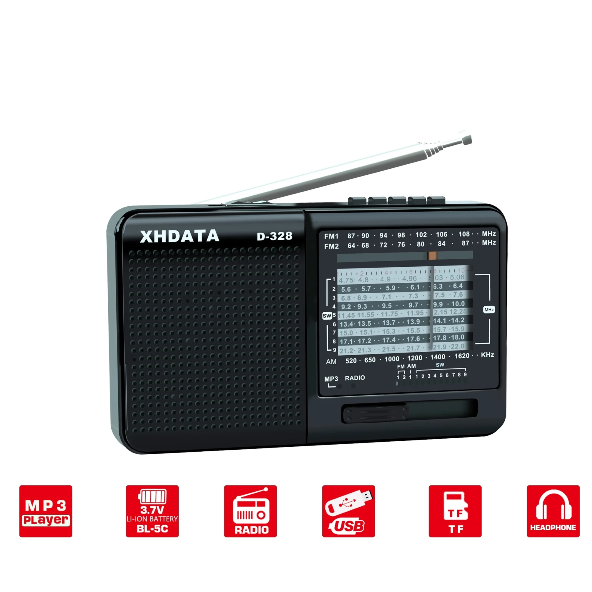 D-328 Black Portable Radio AM FM SW 12 Bands with DSP/MP3 Music Player and TF Card Slot USB Mini FM Radio Receiver
D-328 Black Portable Radio AM FM SW 12 Bands with DSP/MP3 Music Player and TF Card Slot USB Mini FM Radio Receiver