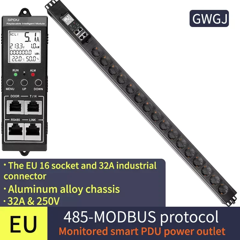

485Modbus network PDU 1.5U intelligent monitoring smart PDU power socket 16-bit EU socket 32A input vertical installation