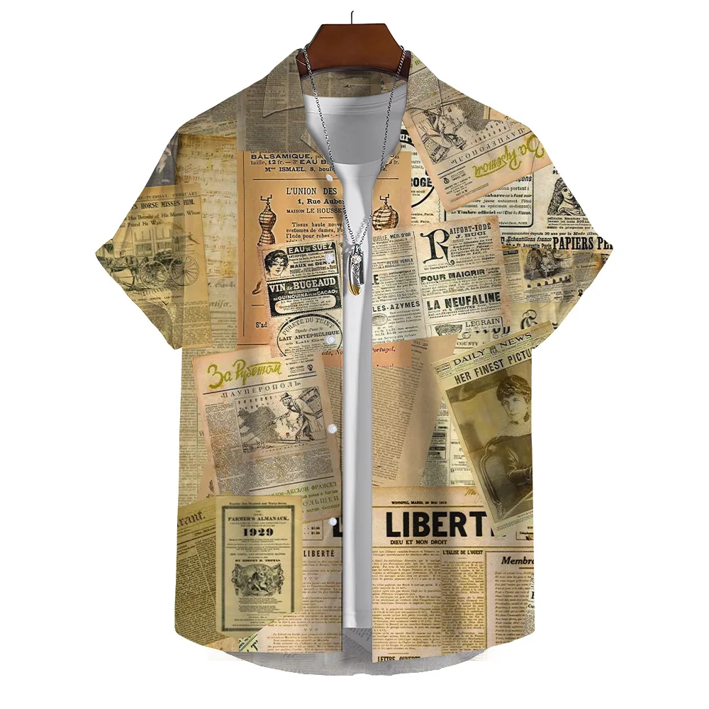 Simple Newspaper Men Hawaiian Shirts Summer 3D Printed Vacation Beach Shirts Casual Vintage Women Lapel Blouse Plain Shirt
Simple Newspaper Men Hawaiian Shirts Summer 3D Printed Vacation Beach Shirts Casual Vintage Women Lapel Blouse Plain Shirt