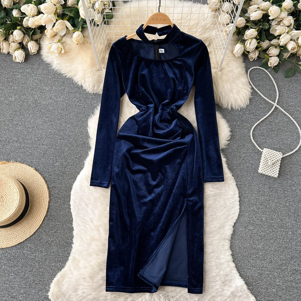 French Chic Dress Halter Dresses Dark Blue Velvet Female Long Sleeve New Autumn Split A-Line Vestidos Women Clothes Dropshipping
French Chic Dress Halter Dresses Dark Blue Velvet Female Long Sleeve New Autumn Split A-Line Vestidos Women Clothes Dropshipping