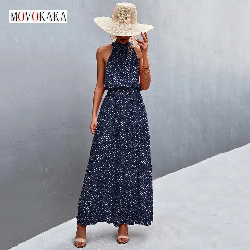 MOVOKAKA Sexy Neck-mounted Dress Summer A-line Beach Casual Slim Bandage Folds Blue Long Dresses Elegant Party Dots Print Dress
MOVOKAKA Sexy Neck-mounted Dress Summer A-line Beach Casual Slim Bandage Folds Blue Long Dresses Elegant Party Dots Print Dress