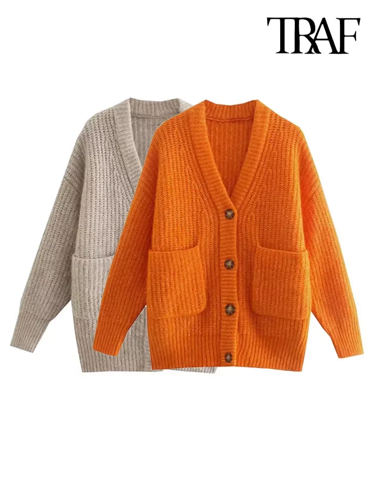 TRAF Women Fashion With Pockets Loose Knit Cardigan Sweater Vintage Long Sleeve Button-up Female Outerwear Chic Tops 
TRAF Women Fashion With Pockets Loose Knit Cardigan Sweater Vintage Long Sleeve Button-up Female Outerwear Chic Tops
