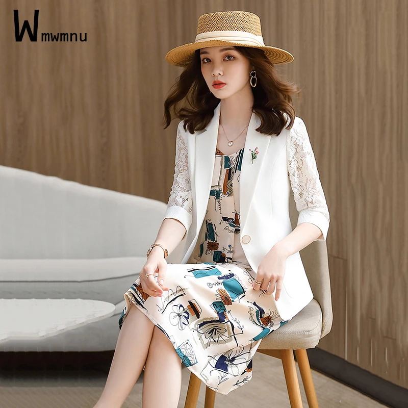 Women White Lace Embroidery Blazer Two Piece Sets Ladies Half Sleeve Single Button Suit Coat+Printed Baggy Straps Dress Outfits
Women White Lace Embroidery Blazer Two Piece Sets Ladies Half Sleeve Single Button Suit Coat+Printed Baggy Straps Dress Outfits
