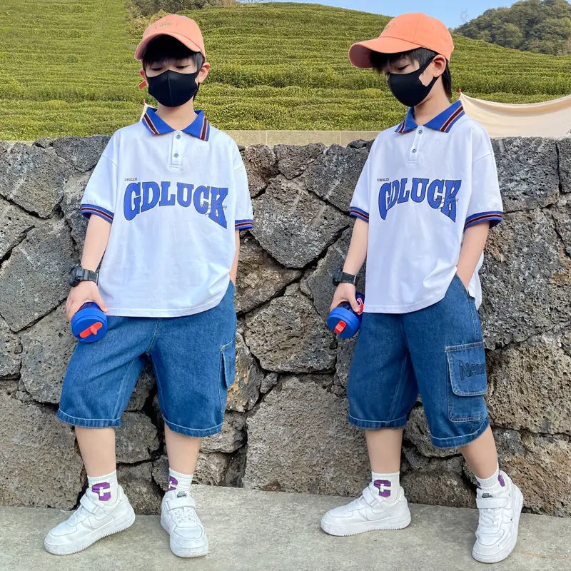 Boys Two Piece Set Summer Boy 2022 New Turn-down Collar Print Tee + Denim Shorts Sets Children Clothes 6 8 10 12 14 Year
Boys Two Piece Set Summer Boy 2022 New Turn-down Collar Print Tee + Denim Shorts Sets Children Clothes 6 8 10 12 14 Year