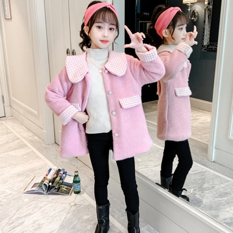 

Шерстяное пальто для девочек, куртка, хлопковая верхняя одежда, ветровка, 2023 розовая теплая плотная бархатная зимняя Осенняя женская одежда