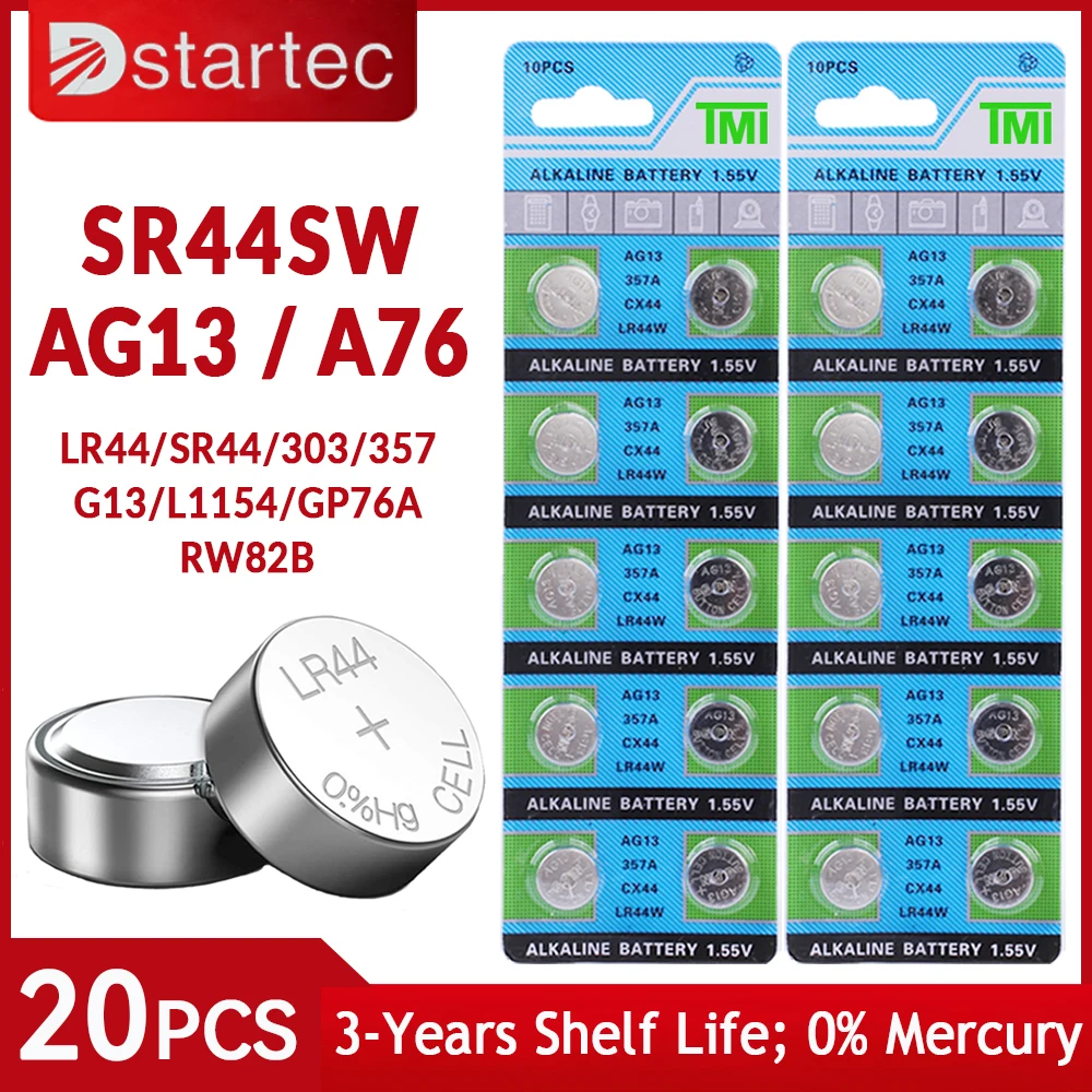 

20PCS AG13 LR44 A76 1.55V Button Batteries For Watch Toys Remote L1154 SP76 pila SR44 LR1154 357 303 Cell Coin Alkaline Battery