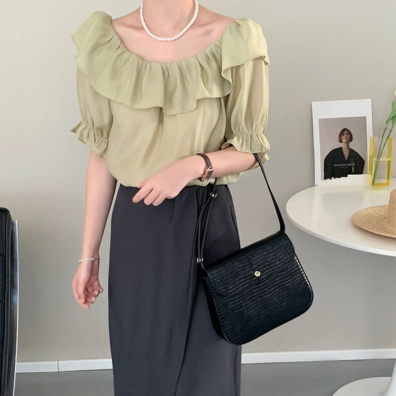 Summer Pullover Shirt Loose Cute Elegant Sweet Plain Ruffles O-neck Casual Shirts Women Short Puff Sleeve Chic Blouses Girls Top
Summer Pullover Shirt Loose Cute Elegant Sweet Plain Ruffles O-neck Casual Shirts Women Short Puff Sleeve Chic Blouses Girls Top