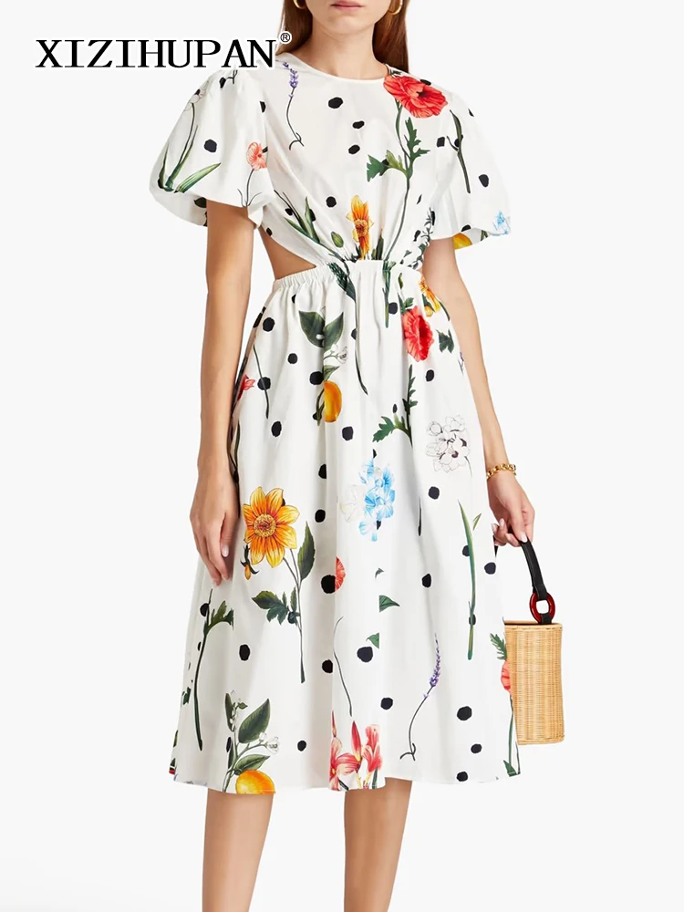 

XIZIHUPAN Casual Hit Color Backless Printing Dress For Women Round Neck Puff Sleeve High Waist Hollow Out Long Dresses Female