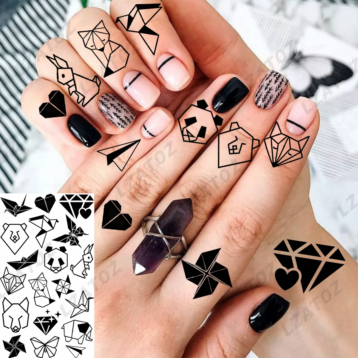 

Геометрические Временные татуировки для женщин и детей, кролик, лиса, панда, Лев, искусственные татуировки, наклейки «сделай сам», маленькие моющиеся татуировки на палец