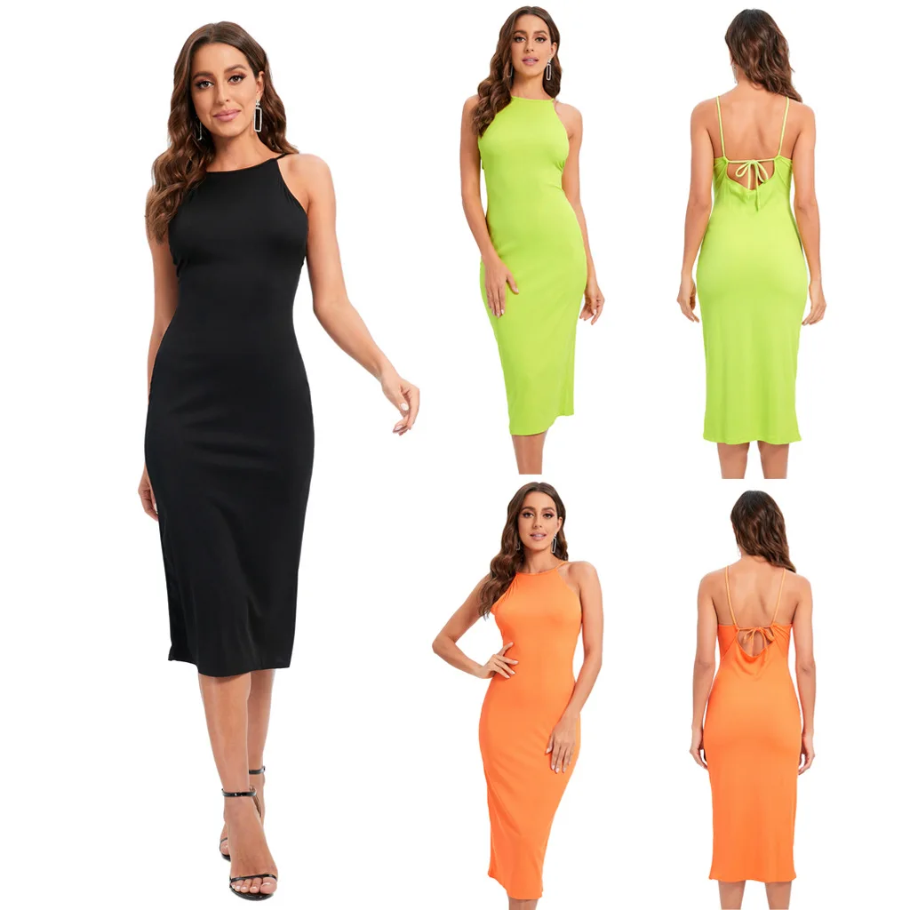 Summer new women's tight dress solid color sexy halter neck open back knitted dress woman dress
Summer new women's tight dress solid color sexy halter neck open back knitted dress woman dress