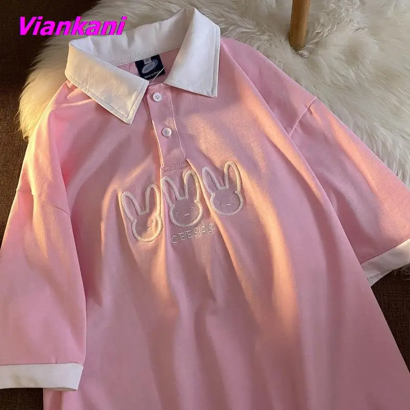 Women Cute T-shirt Vintage Loose Oversized Rabbit Embroidery Polo Shirts Female Fashion Cotton Short Sleeve Kawaii T shirts
Women Cute T-shirt Vintage Loose Oversized Rabbit Embroidery Polo Shirts Female Fashion Cotton Short Sleeve Kawaii T shirts