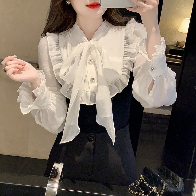 2022 Spring New Women Long Sleeve Blouse Chiffon Splicing Bowtie Collar Ruffles Cute Blouse Womans Tops Corset Top Blouse
2022 Spring New Women Long Sleeve Blouse Chiffon Splicing Bowtie Collar Ruffles Cute Blouse Womans Tops Corset Top Blouse
