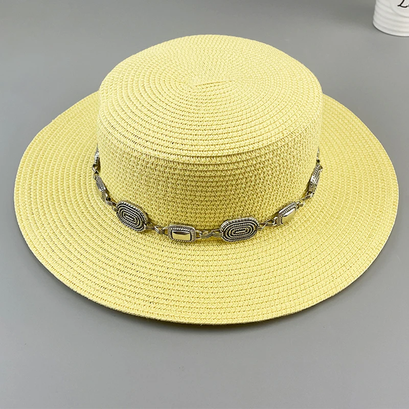 

New Candy Panama Cap With Punk Hatband For Women Wide Brim Summer Straw Sunhat Unisex Bali Vacation Beach Bucket Hat