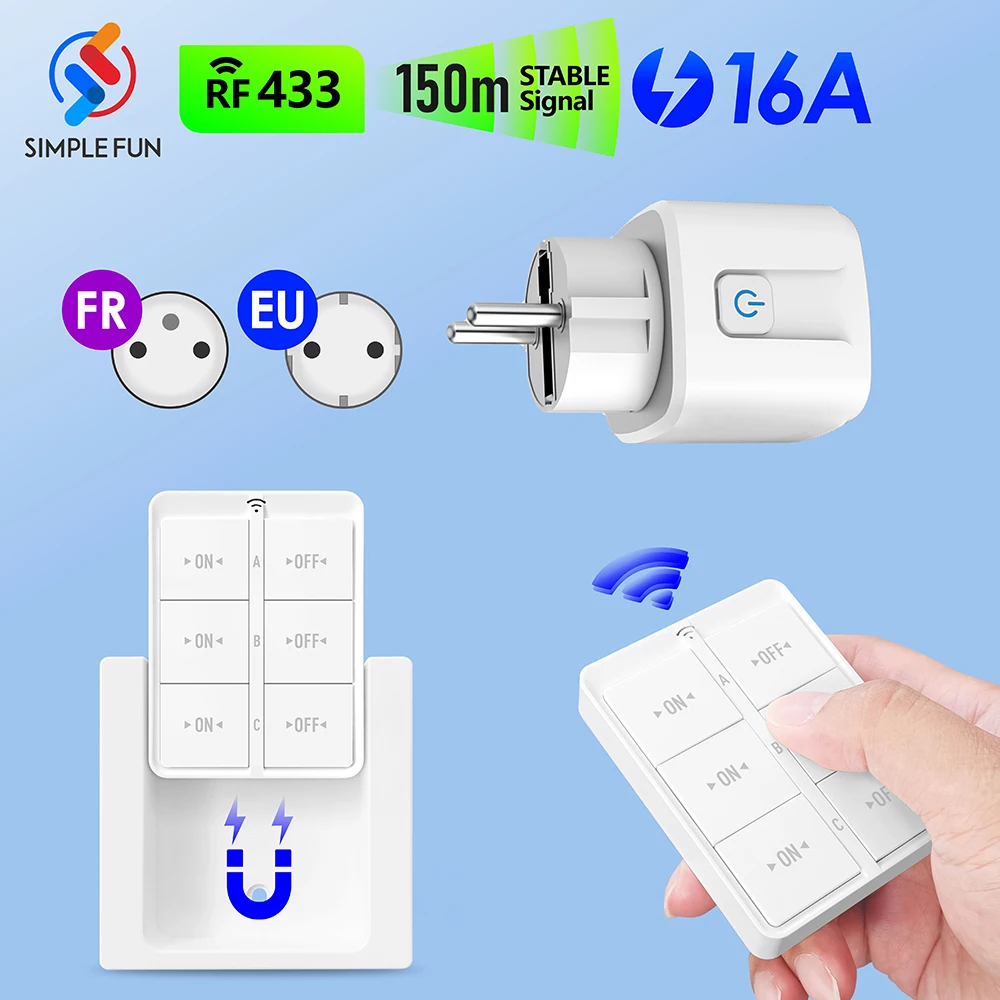 RF Wireless Socket Remote Control 16A 220V 433Mhz Smart Plug EU FR Wall Push Button Switch Electrical Outlet for Home Appliance
RF Wireless Socket Remote Control 16A 220V 433Mhz Smart Plug EU FR Wall Push Button Switch Electrical Outlet for Home Appliance