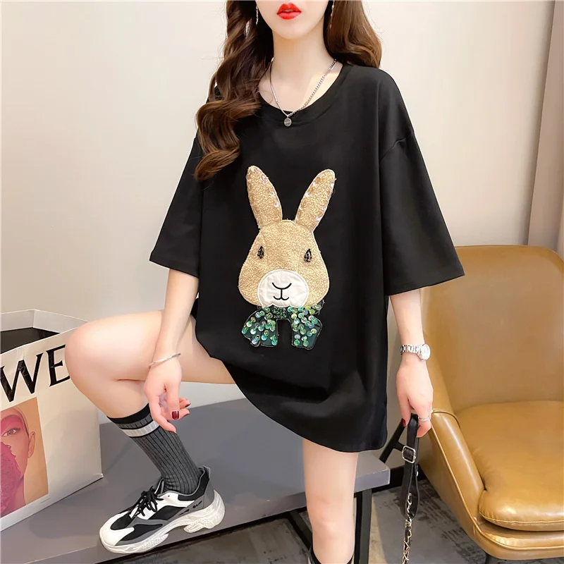 #4277 Black White Short Sleeve T Shirt Women Mid-length Casual Animal Rabbit Casual T Shirt For Girl Loose Summer T-shirt 
#4277 Black White Short Sleeve T Shirt Women Mid-length Casual Animal Rabbit Casual T Shirt For Girl Loose Summer T-shirt