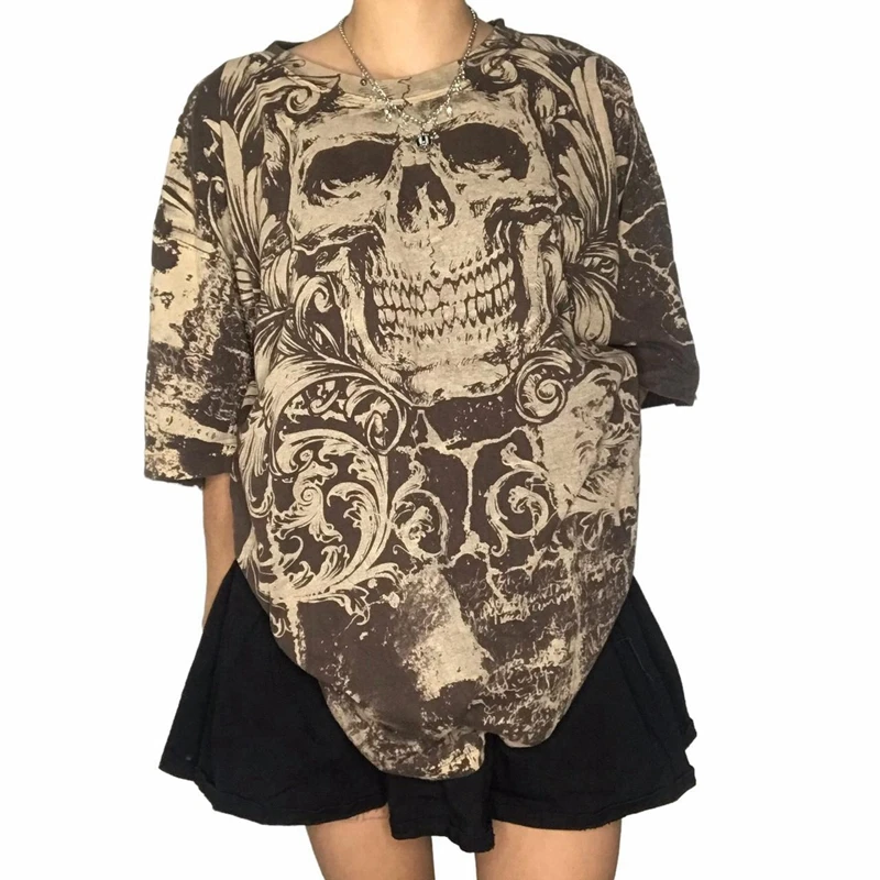 Y2K Skull Print Short Sleeve Tee Gothic Graphic Crew Neck T-shirt 90s Vintage Harajuku Aesthetic Women Brown Crop Top Streetwear
Y2K Skull Print Short Sleeve Tee Gothic Graphic Crew Neck T-shirt 90s Vintage Harajuku Aesthetic Women Brown Crop Top Streetwear