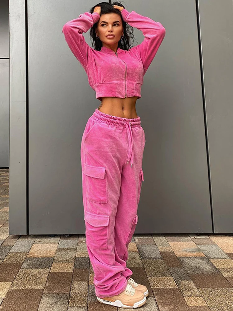 Velvet Women Autumn Tracksuit Set Long Sleeve Zipper Hooded Short Jacket Cargo Pants High Waist Woman Casual Fashion Sport Suit
Velvet Women Autumn Tracksuit Set Long Sleeve Zipper Hooded Short Jacket Cargo Pants High Waist Woman Casual Fashion Sport Suit