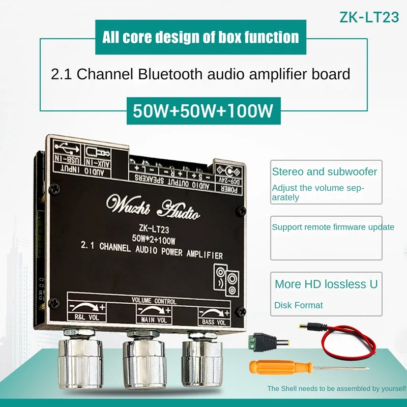 ZK-LT23 Bluetooth Audio Amplifier Board With DC Cable 2.1 Channel 50Wx2+100W Subwoofer TWS True Wireless Audio Module
ZK-LT23 Bluetooth Audio Amplifier Board With DC Cable 2.1 Channel 50Wx2+100W Subwoofer TWS True Wireless Audio Module