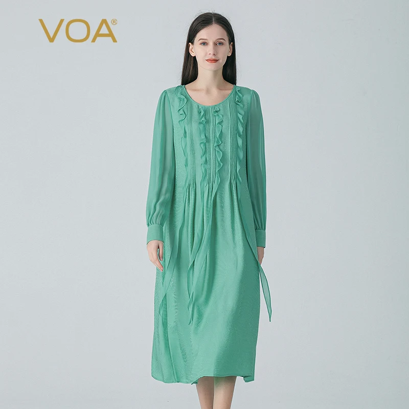 (Fans Exclusive Discount) VOA Silk Jacquard Grain Spring Green O-neck Dresses Women Long Sleeve Ruffle Lace Silk Dress AE1851 
(Fans Exclusive Discount) VOA Silk Jacquard Grain Spring Green O-neck Dresses Women Long Sleeve Ruffle Lace Silk Dress AE1851