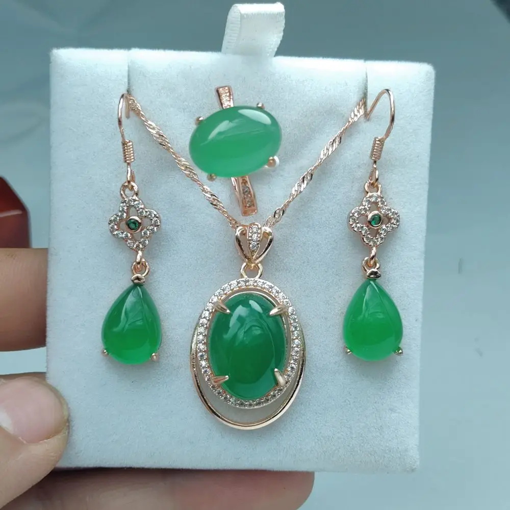 

Green Suits Natural S925 Ice Chalcedony Silver Plated Stone Sweet Lady Agate Ring Water Drop Earrings HANFU Gemstone Pendant