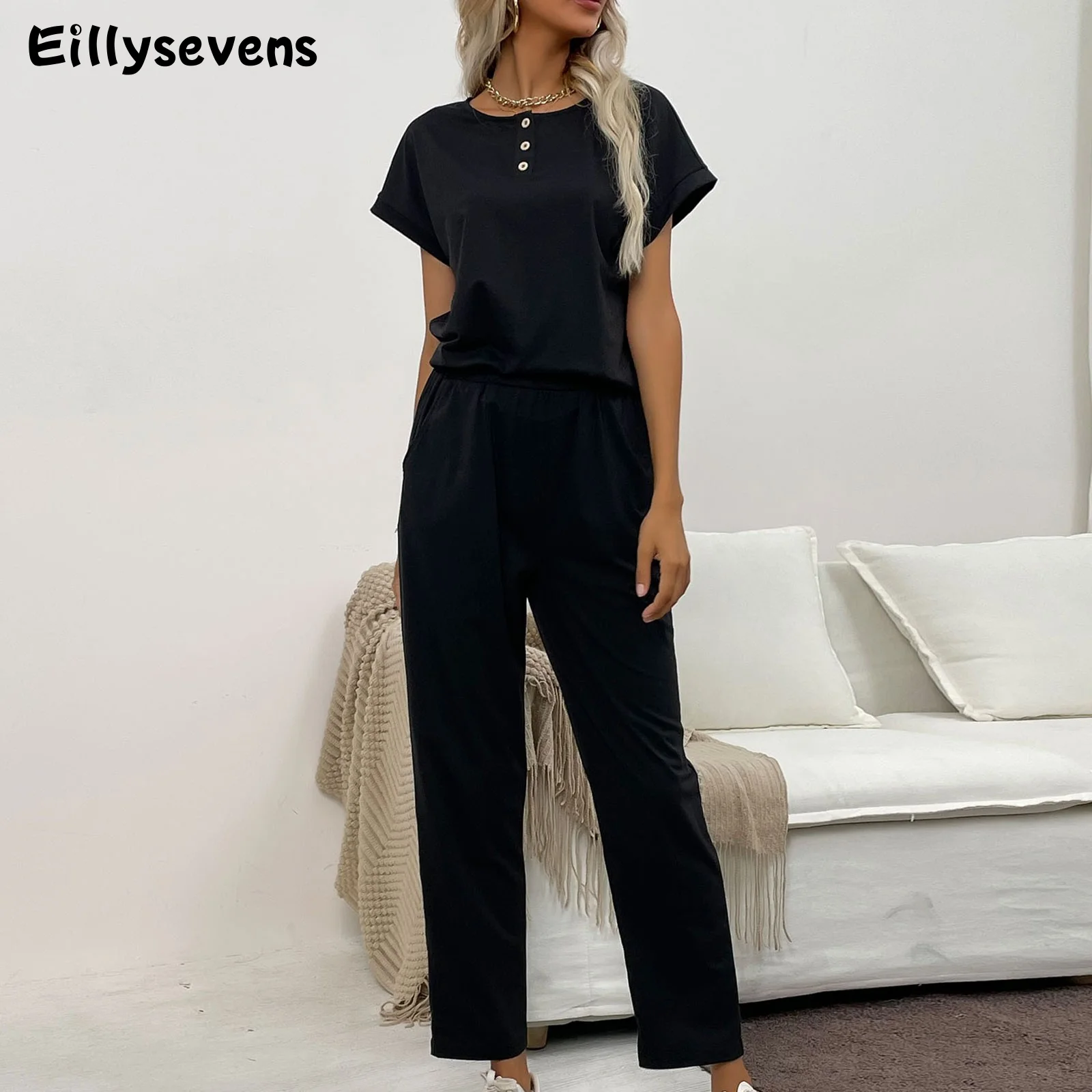 

2023 Summer New Women's Sports Suit Black Short Sleeve Button Women Clothing Casual Straight Trousers Zestawy Do Spodni