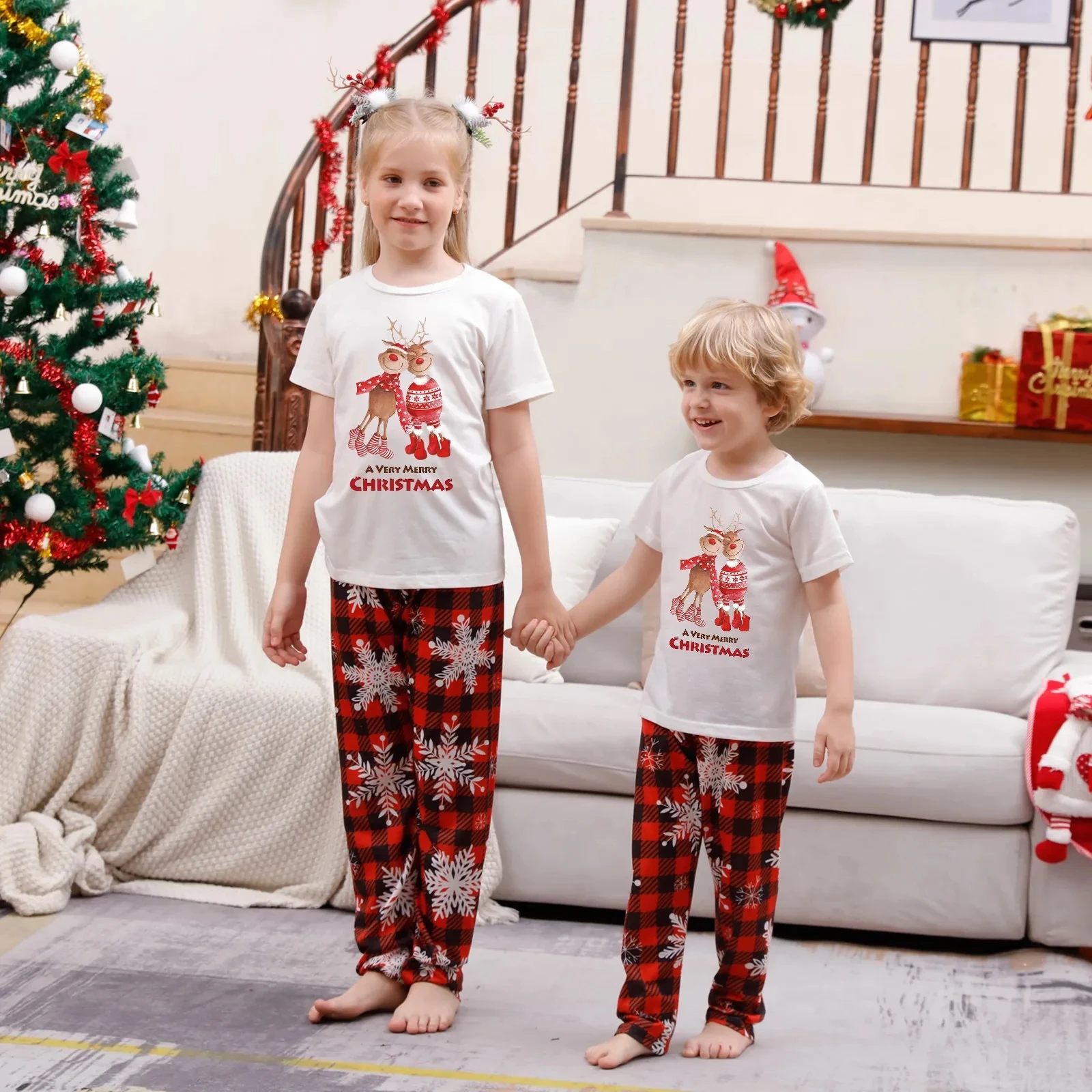 

Mommy Daughter Daddy Son Family Matching Christmas Pajamas Couples Father Mother Kids Baby Xmas Pjs Set Plaid Short Sleeve White