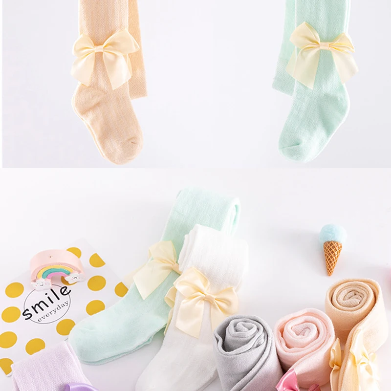 

For 0-6Years Infant Baby Girls Breathable Tights Summer Knitted Baby Toddler Stockings Soft Cute Solid Bowknot Cotton Pantyhose