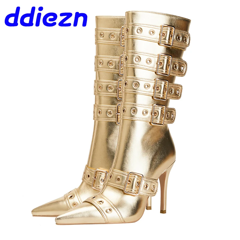 

Ботинки женские до середины икры, заостренный носок, молния, модные современные сапоги с пряжкой, каблук, обувь большого размера, золотистые