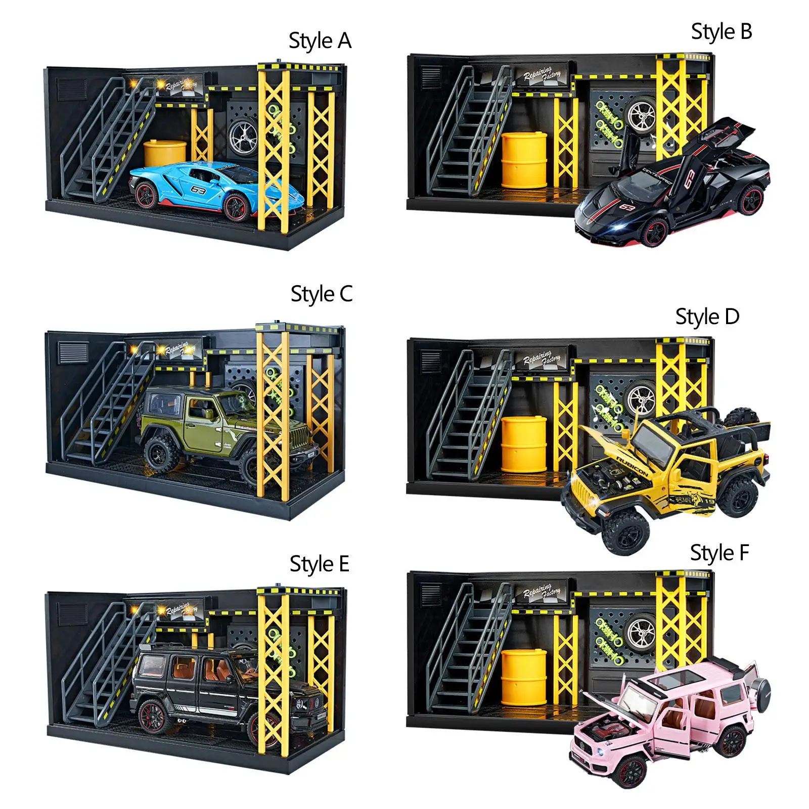 

1/32 Repair Shop Garage with Model Car Scene Collectibles Simulation Assemble Realistic DIY Home Decor Diecast Cars Parking Lot